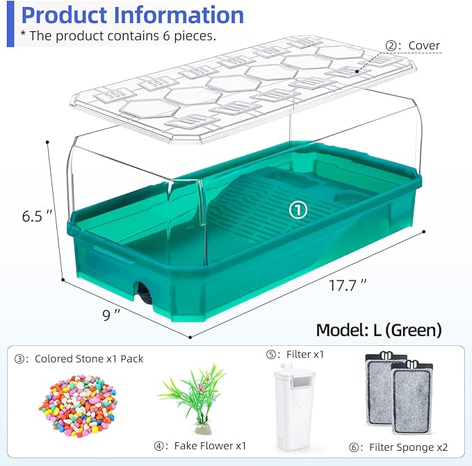 Turtle cage Tortoise Terrarium with Pump＆Filter with Shower Function Easy to Change Water and Clean Water for Turtle Horned Frog Hermit Crab Green, L