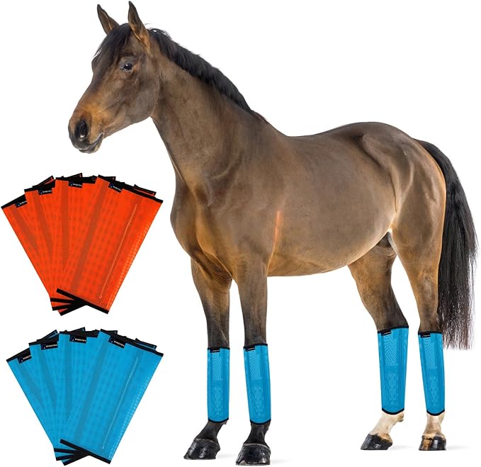 FOXLVDA Horse Fly Boots - Fly Boots for Horses Set of 8, Comfortable Horse Leggings, Mesh Material Design with Metal Support Bars for Reduces Stomping & Leg Fatigue (Blue-Orange, Large)
