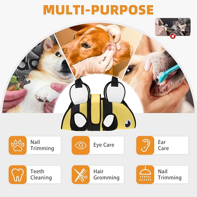 Dog Grooming Hammock for Small Dogs Cats, Cute Bee Design Dog Hanging Harness for Nail Trimming/Clipping, Pet Sling with Grooming Kit and Thick Neck Support & Strap Restraint Claw Care, XS