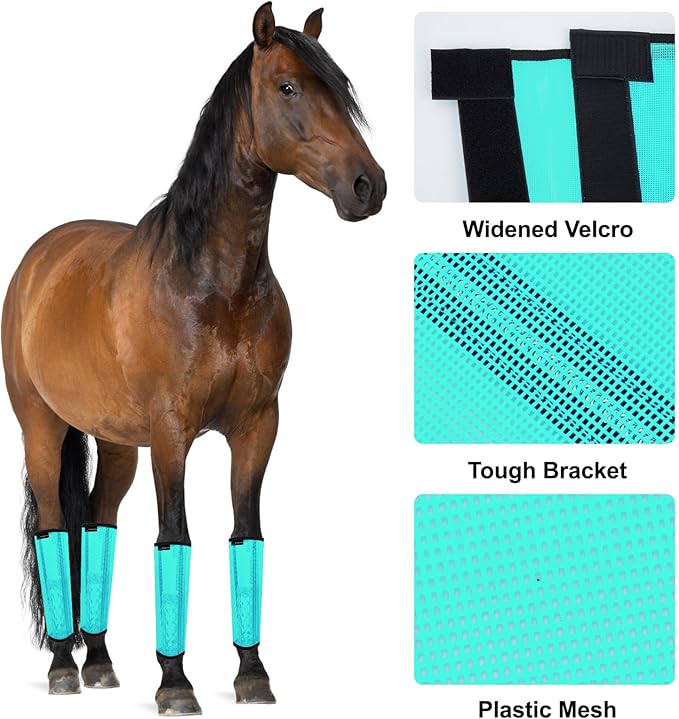 FOXLVDA Horse Fly Boots - Fly Boots for Horses Set of 8, Comfortable Horse Leggings, Mesh Material Design with Metal Support Bars for Reduces Stomping & Leg Fatigue (Green-Yellow, Large)