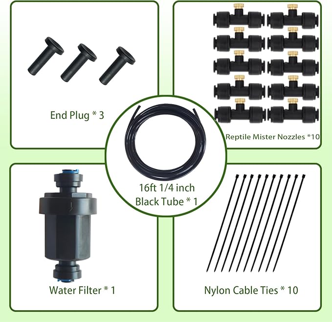 Reptile Terrariums Misting Accessories kit, Reptile Mister Nozzles, with 10 Misting Nozzle, 5 Brass Plugs, 3 Plugs, 1 Misting System Filter, 16ft 1/4 inch Tube, Black