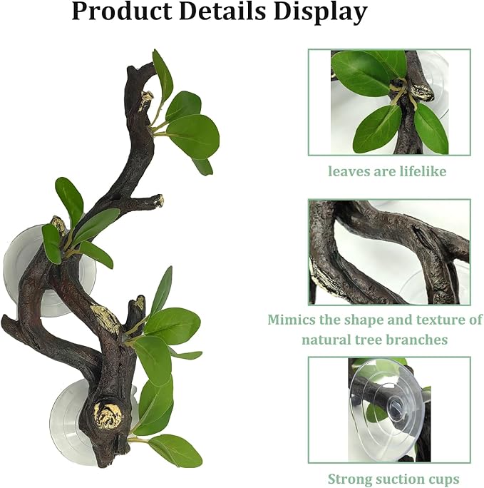 PINVNBY 2 PCS Reptile Corner Branch Terrarium Plant Decoration Branches for Reptiles with Suction Cup for Amphibian Lizard Snake Climbing Ornament