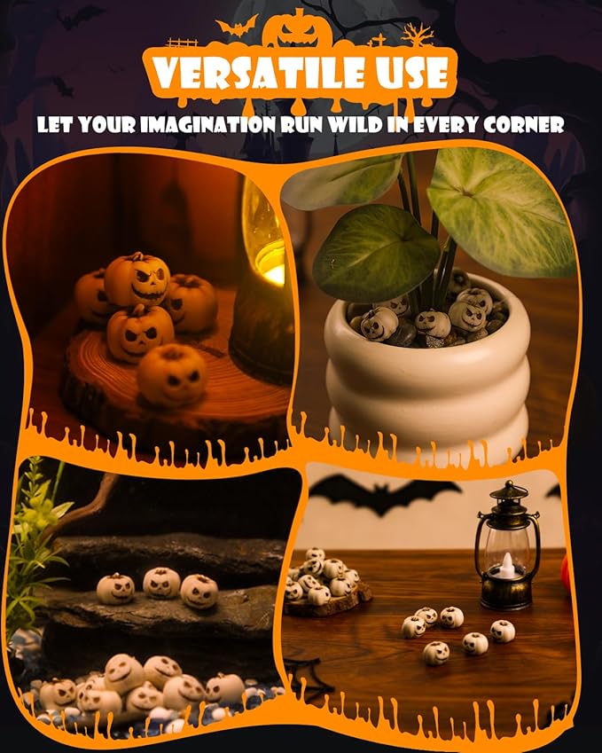 Uniclife 20 Pcs Halloween Mini Pumpkin Decorations, Halloween Fish Tank Decor, Spooky Smiling Face Mini Pumpkins, Jack-O'-Lantern Miniature Vase Fillers, White Resin Artificial Figurines