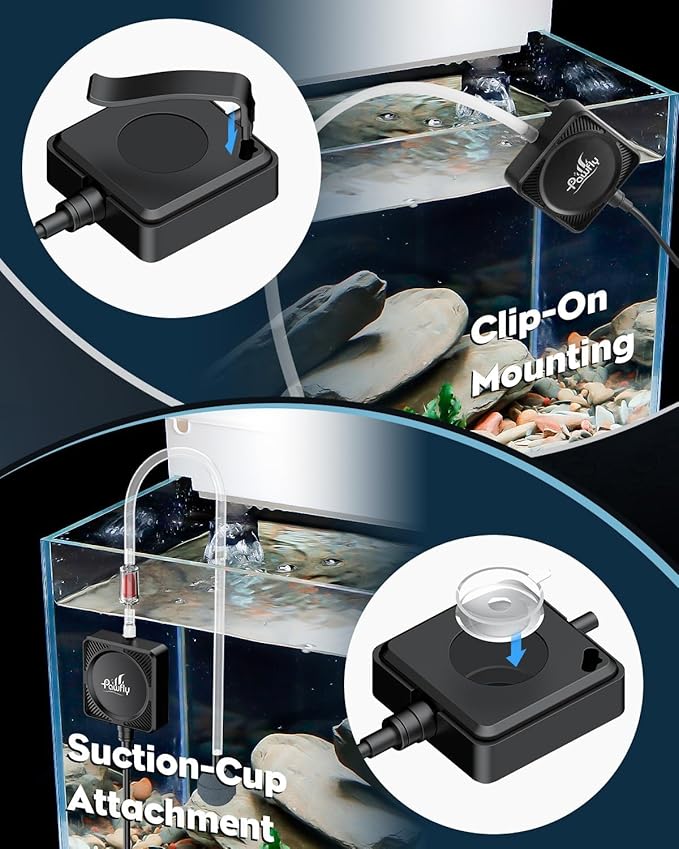 Pawfly Mini Aquarium Air Pump, Ultra Quiet Oxygen Aerator Kit for 1-15 Gallon Fish Tanks with Air Tubing, Air Stone, Check Valve & Suction Cups