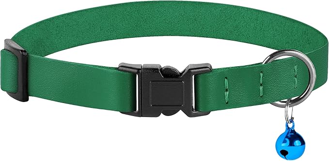 Breakaway Cat Collar with Bell - Leather Adjustable Kitten Collars with Safety Quick Release Buckle - Soft Small Pet Collars for Girl & Boy Cats (Green)