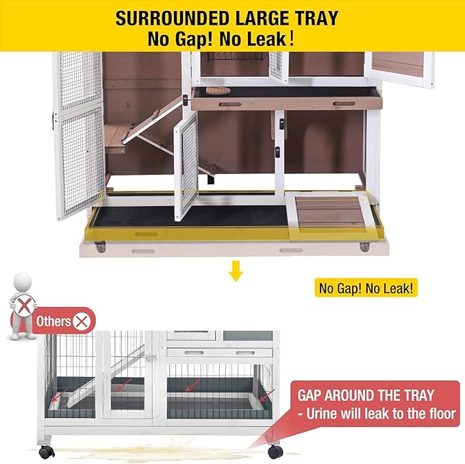 Aivituvin Rabbit Hutch Bunny Cage with Wheels Indoor Outdoor Two Story Guinea Pig Cage with 2 Deep No Leak Tray