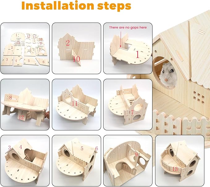 Wooden Dwarf Hamster House, Hamster Tiny House Hideout, Hamster Maze House, Large Balcony Lookout Holes, Easy to Assemble, Detachable Parts, Secure Hideaway, B