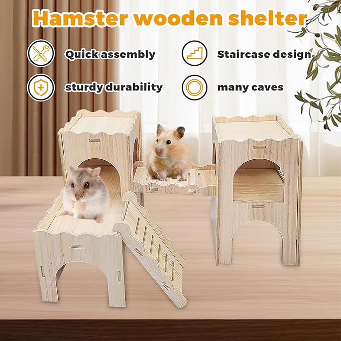Wooden Dwarf Hamster House, Hamster Tiny House Hideout, Hamster Maze House, Large Balcony Lookout Holes, Easy to Assemble, Detachable Parts, Secure Hideaway, A
