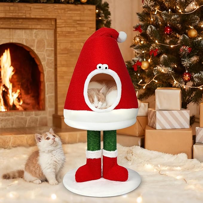 Cat Bed Scratching Post, Comes with A Cat Collar, 30 inch Tall Natural Sisal Rope Cat Tower Toys, Cat Tree Activity Center, Indoor Decor Cat Bed for Kitty and Adult Cats