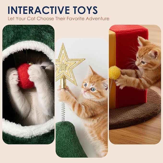 60" Tall Christmas Cat Tree with Three Entrances, Stable Christmas Cat Tower with Scratching Posts and Gift Box, for Indoor Cats (60" Tall)