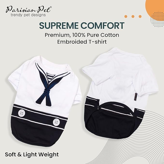 Parisian Pet Sailor Dog Costume - Embroidered Sleeved Dog Shirt - 100% Cotton & Polyester - Blue & White - XL