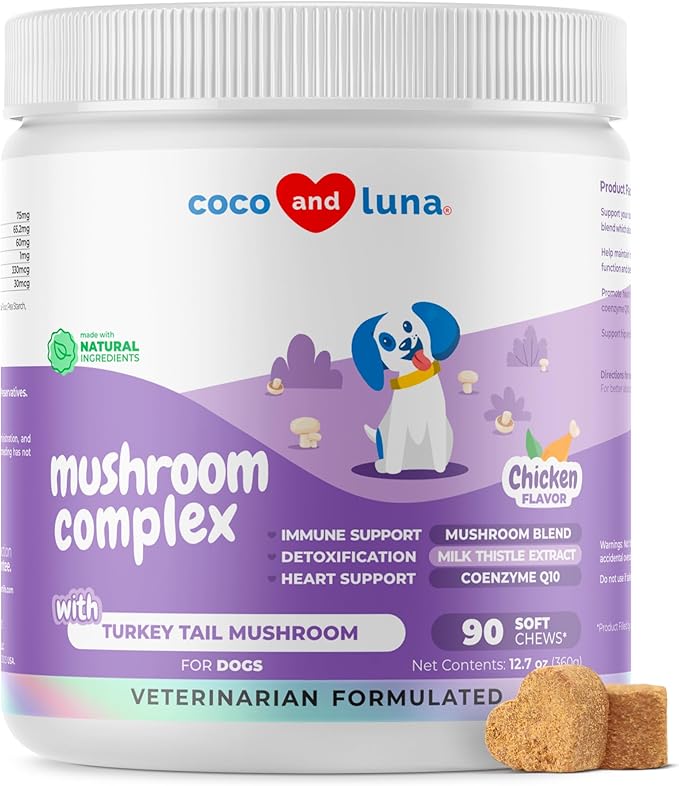 Mushroom Complex for Dogs - 90 Soft Chews - Turkey Tail Mushroom - Immune, Joint, Digestive, and Liver Support with Milk Thistle