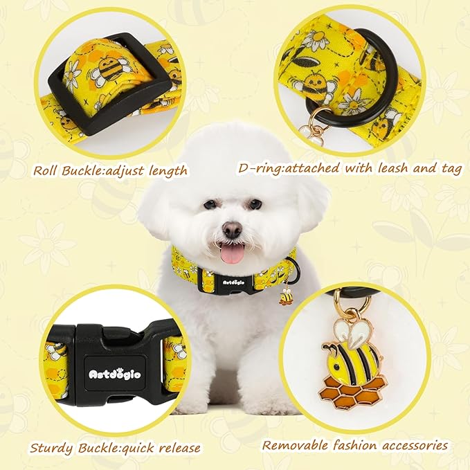 Yellow Dog Collar for Extra Small Dogs, Spring & Summer Theme Small Dog Collars Featuring Bee Pollinating White Flowers Pattern, Adjustable Cotton Collar for Girl Boy Dogs -XS