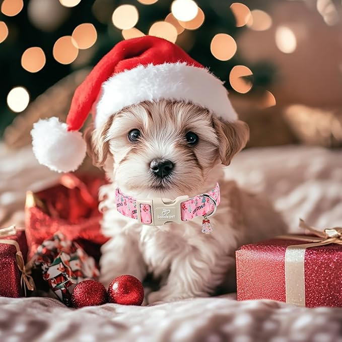 Christmas Dog Collar for Puppy Small Dogs - Cute Xmas Tree Print Pink Christmas Collars for Dogs, Soft Adjustable Winter Holiday Dog Collars with Quick Release Buckle XS
