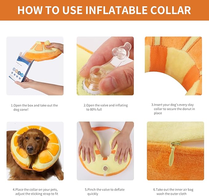 IEUUMLER Inflatable Recovery Dog Collar, Protective Donut Cone, Adjustable Soft Collar for Dog and Cat After Surgery Prevent from Biting & Scratching EU002 - Orange XL