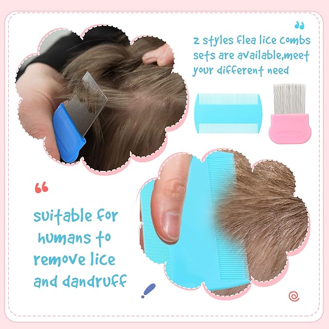 Maitys 8 Pieces Flea Lice Combs Double Sided Lice and Nit Removal Hair Grooming Plastic and Metal Comb for Humans Pets(3.5 x 2 Inch, 3.54 x 1.57 Inch,Pink, Blue)