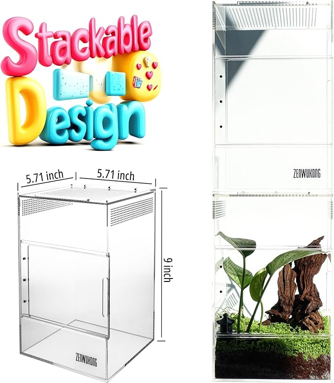Jumping Spider Enclosure - Acrylic Terrarium Habitat for Spiders, Tarantulas, Snail, Mantis, Lizard, and Small Reptiles, Dual Sliding Doors (5.7x5.7x9 inch)