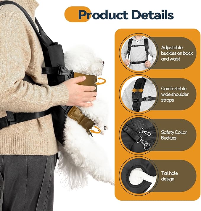 Dog Front Carrier Backpack, Legs Out Secure-Fit Pet Chest Carrier for Small Dogs (6-24 lbs), Adjustable Pet Carriers with Safety Belt, Hands Free Dog Backpack Carriers for Hiking Cycling (L, Black)