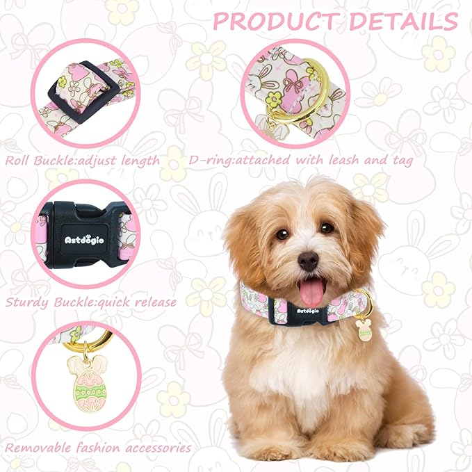 Easter Dog Collar, Spring Dog Collar with Cartoon Rabbit Pattern, Adjustable Cotton Puppy Collars Girl Boy Collar for Small Medium Large Dogs,L