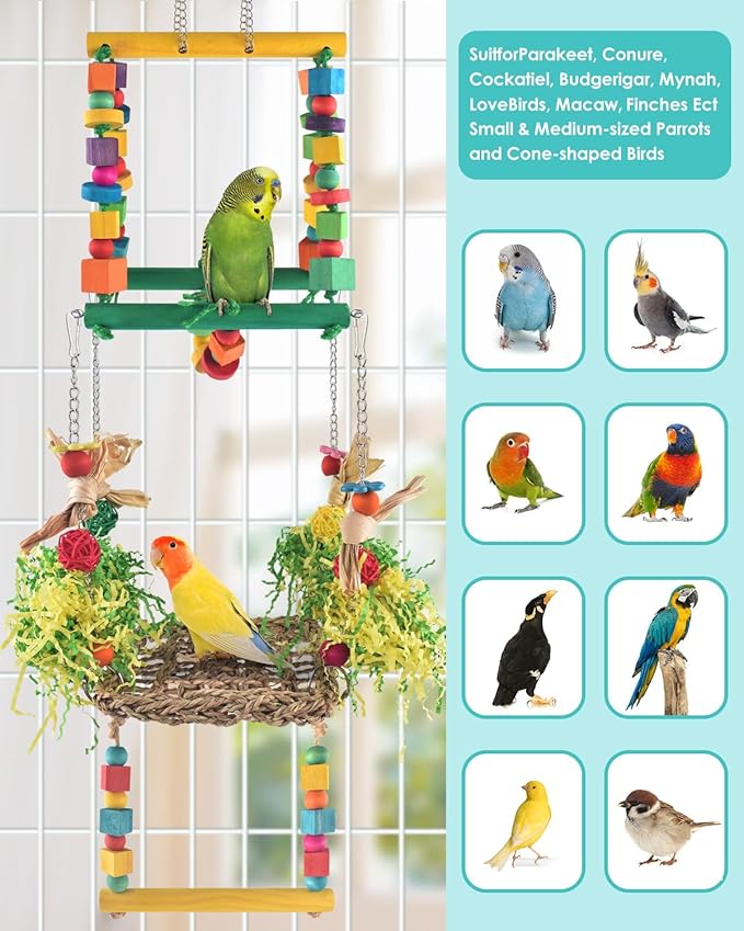 Bird Hammock Toys Parakeet Perches Swing, 3in1 Detachable Parrot Cage Accessories, Wooden Hanging Chew Toys for Medium Conure Cockatiel Quaker Lory