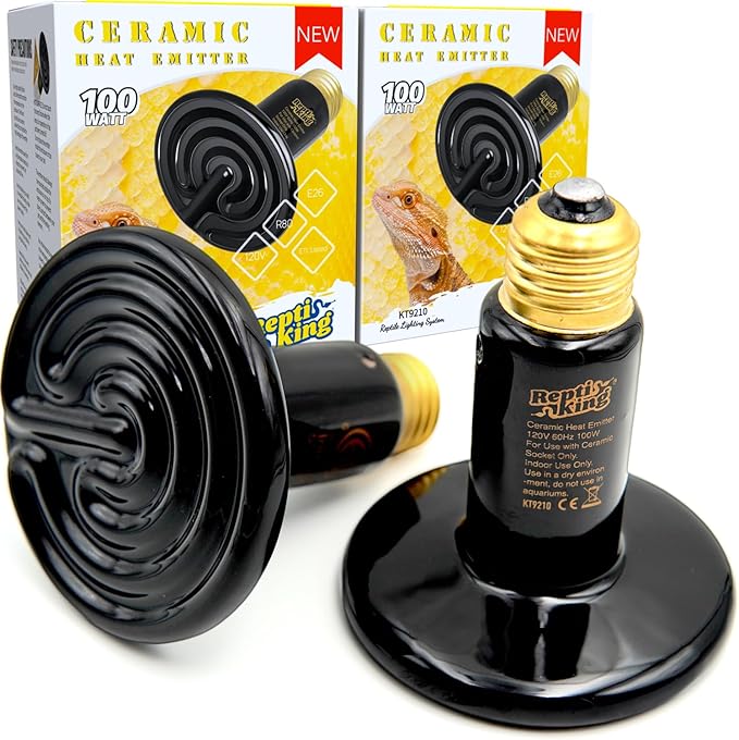 Ceramic Heat Emitter, 2-Pack 100W, Reptile Heat Lamp Bulbs, Ceramic Heating Bulb for Reptiles, Amphibian, Chick, Dog, Snake Leopard Gecko Bearded Dragon Heat Lamp