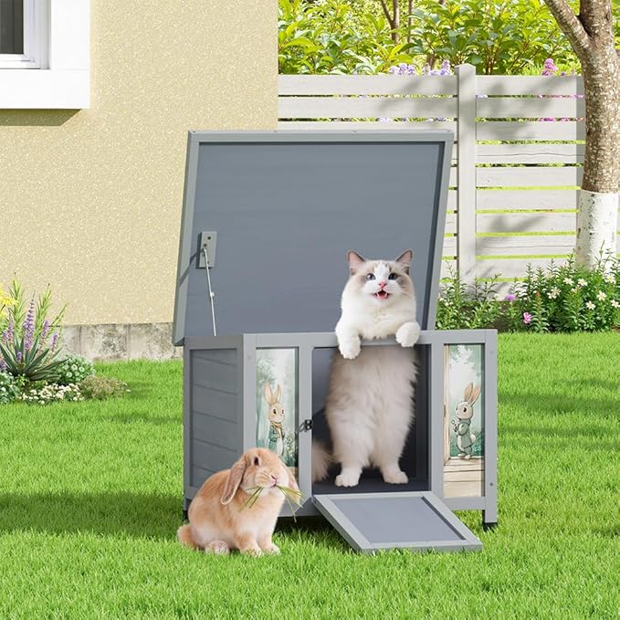 COZIWOW 24 Inch Rabbit Hutch Outdoor, Weatherproof Cat House, Bunny Cage Indoor with Non-Slip Ramp, Portable Wooden Shelter for Rabbits, Feral Cats, Chicken, Duck & Other Small Animals (Grey)