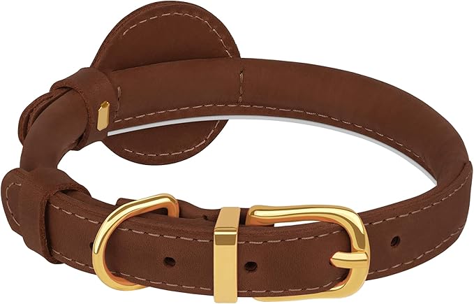 OOPSDOGGY Rolled Leather Dog Collar with Airtag Holder - Reflective Round Airtag Dog Collar - Soft Tracking Pet Collar for Small Dogs Puppy Cats Kitten (Brown, XXL, 20"-24")