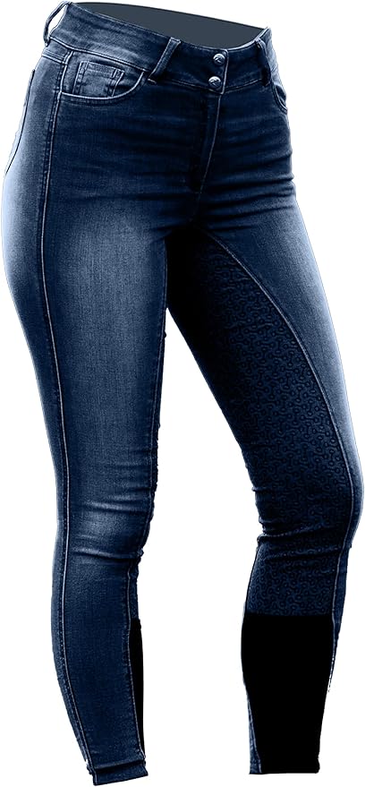 HORZE Kaia Womens Denim Horse Riding Pants | High Waist Silicone Full Seat Breeches | Accurate Size Chart