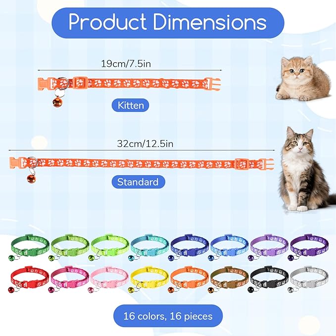 Breakaway Cat Collars with Bells, 16 PCS Breakaway Cat Collars Reflective Safety Kitten Collar Adjustable for Cats Small Dogs, Mixed Colors