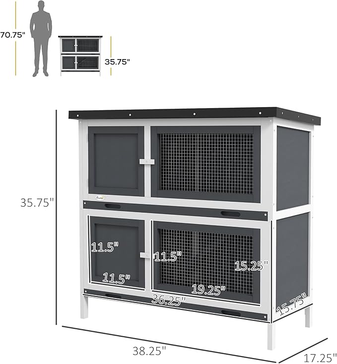 PawHut Wooden Bunny Rabbit Hutch, Small Animal Habitat with Ramp, Removable Tray & Weatherproof Roof, Indoor/Outdoor, Grey