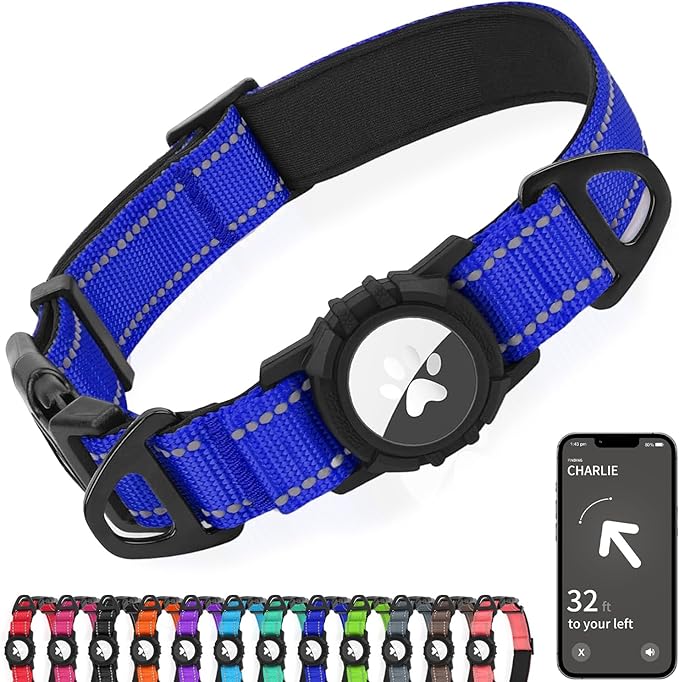 Joytale Airtag Dog Collar, Reflective Pet Collar with Waterproof AirTag Holder, Dual D-Rings, Soft Padded Adjustable for Extra Large Dogs, Navy Blue, XL