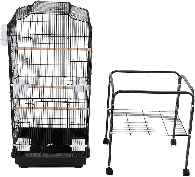 Large Bird Cage with Wheels Parrot Cages for Large Birds Iron Bird Cage with Stand Outdoor Birdcages with Tray, Feeding Bowls & Waterer Big Bird Cages for Parakeets, Lovebird & Pigeon (Black)