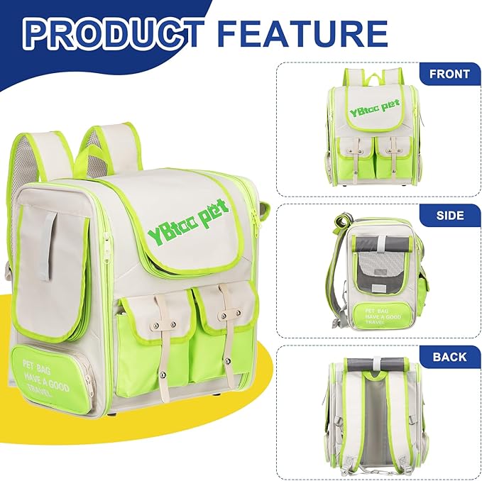 Pet Backpack Carrier, Portable and Ventilated, Oxford Cloth, Dogs Cats and Small Animals Travel Bag 13.39", (Green, 1 Pcs), Intended for Hiking/Camping/Traveling