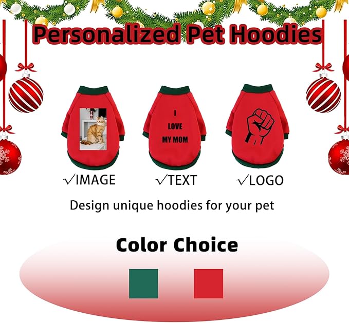 Custom Dog Hoodie, Personalized Sweatshirt with Photo Text Name Logo, Customized Hooded Sweater for Small Medium Large Dogs & Cats (Red + Green Sleeves, Large)