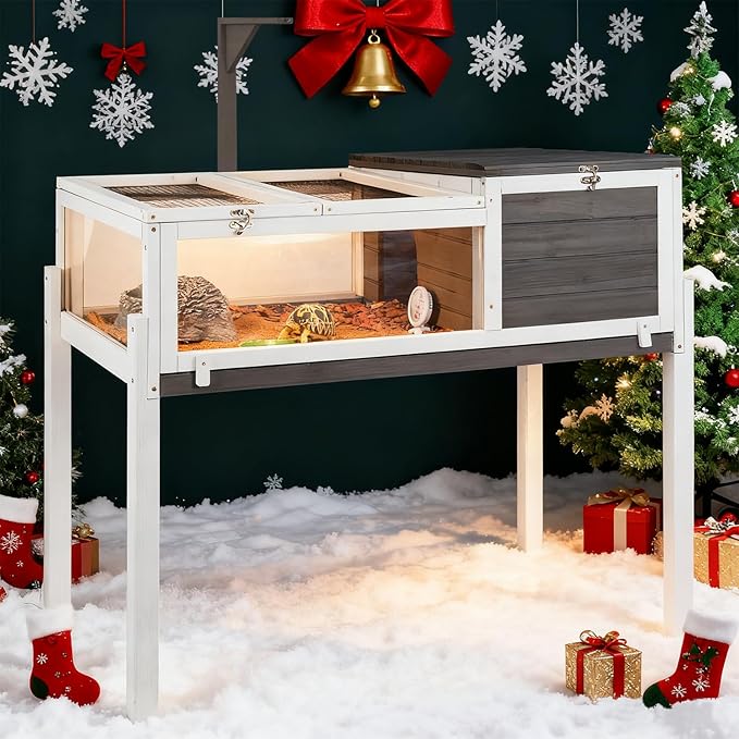 PetsCosset Tortoise Habitat Wooden Tortoise House, Indoor Turtle Enclosure Outdoor Reptile Cage with Removable Bottom, Light Support, Openable Roof (Tall Tortoise Habitat, Leakproof Tray)