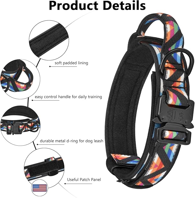 DAGANXI Tactical Dog Collar, Adjustable Military Training Nylon Dog Collar with Control Handle and Heavy Metal Buckle for Medium and Large Dogs, with Patches and Airtags Case (M, Colorful Triangle)
