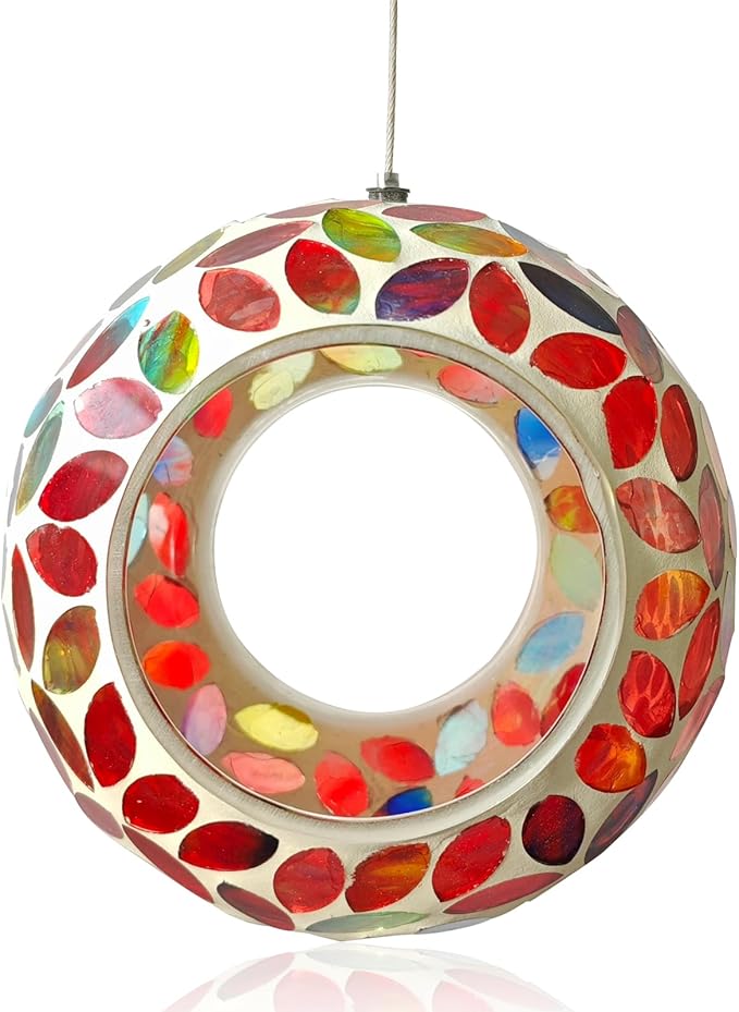 Mosaic Bird Feeder, Outside Hanging with Round Shape Glass BirdFeeders to Attract More Wild Birds, Mosaic Fly Through for Garden, Yard, Backyard, Deck and Porch Decor, Red 7-Inch