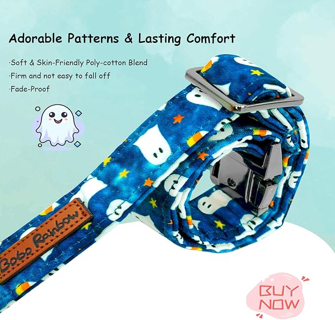 Halloween Dog Collar, Ghost Print Adjustable Pet Collar Blue Cute Cotton Soft Collars with Bow Tie Fall Metal Buckle Holiday Puppy Collars Boy&Girl Gift for Small Dogs