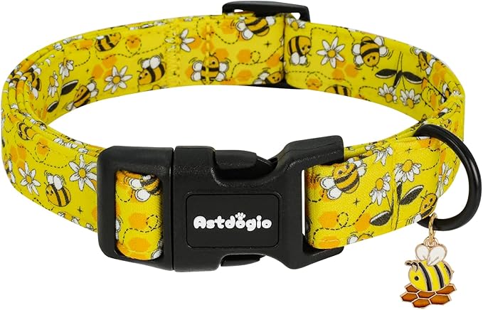 Yellow Dog Collar for Extra Small Dogs, Spring & Summer Theme Small Dog Collars Featuring Bee Pollinating White Flowers Pattern, Adjustable Cotton Collar for Girl Boy Dogs -XS