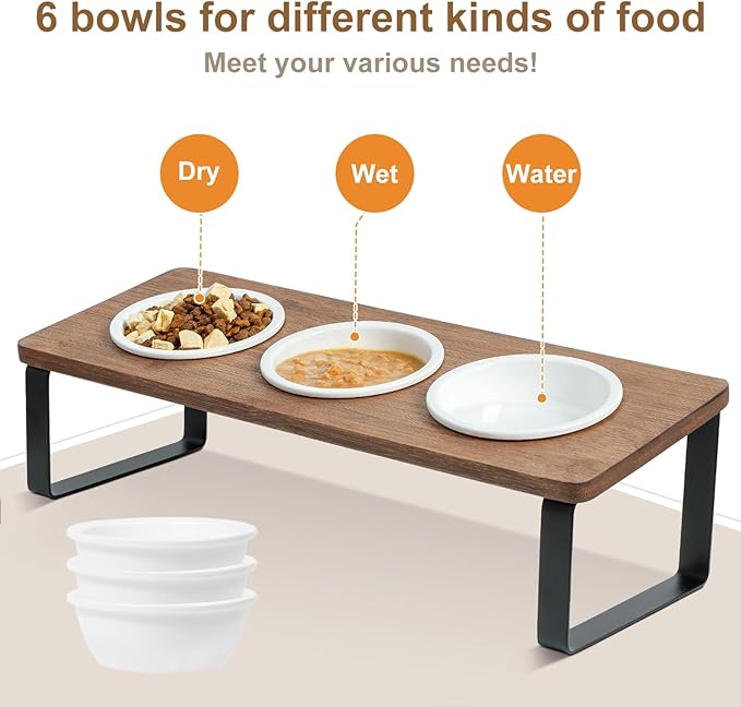 Sunhoo Elevated Cat Bowls for Indoor Cats Raised Tilted Food Water Kitty Dish Stand with 6 Ceramic Bowl Set Orthopedic Wooden Pet Feeder Feeding Sation Reduces Vomiting 4.7in Easy Assembly(Brown)