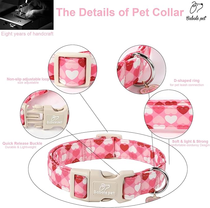 Valentines Dog Collar for Medium Dogs - Cute Valentine Pink Hearts Girl Dog Collars, Adjustable Girly Puppy Collar with Quick Release Buckle for Female Dogs M