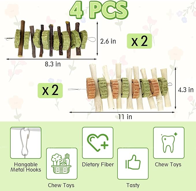 Hamiledyi 4PCS Bunny Chew Toys Rabbit Hanging Toys for Teeth Grinding Natural Apple Wood Sweet Bamboo Sticks Timothy Grass&Carrot Cake for Chewing/Improving Rodent Animals Dental Health
