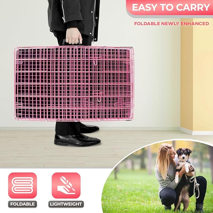 FDW Dog Crate for Medium Dogs 30 Inch Folding Metal WirePet Cage Double Door W/Divider Panel Indoor Outdoor Kennel Leak-Proof Plastic Tray,Pink