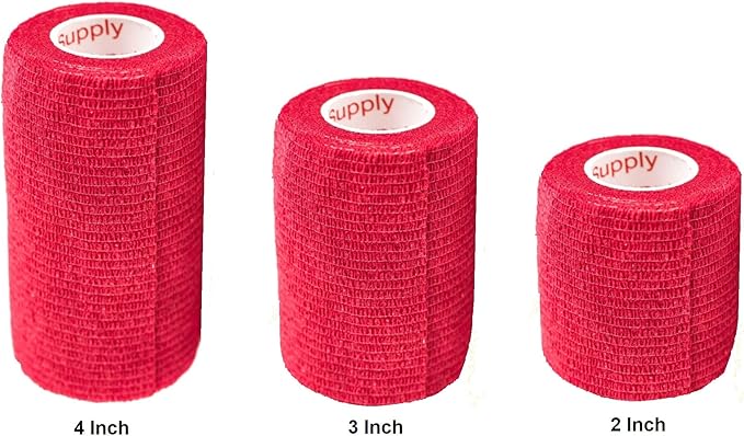 Vet Wrap Tape (Red) (2 Pack) (3 Inch x 15 feet) Self Adhesive Adherent Adhering Cohesive Flex Self Stick Bandage Grip Roll Dog Cat Pet Horse