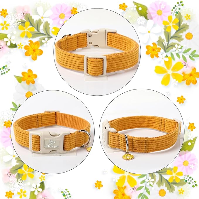 Cute Corduroy Dog Collar - Mustard Yellow Adjustable Dog Collars for Large Dogs 50-80lbs, Fade-Proof with Secure Snap & Little Charm, Christmas Birthday Gift, L