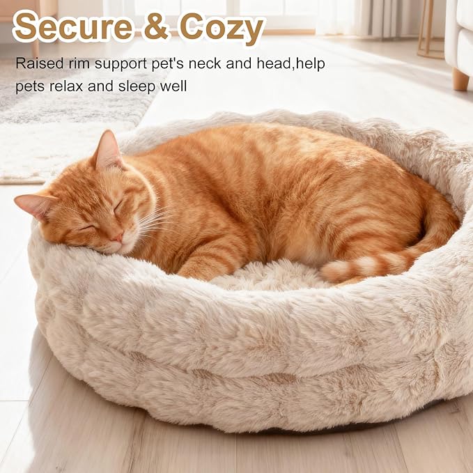 Cat Beds for Indoor Cats, Washable Round Beds for Small Dog and Cats, Soft Plush Faux Fur Removable Pet Bed for Puppy and Kitten, 24"x24"x7"