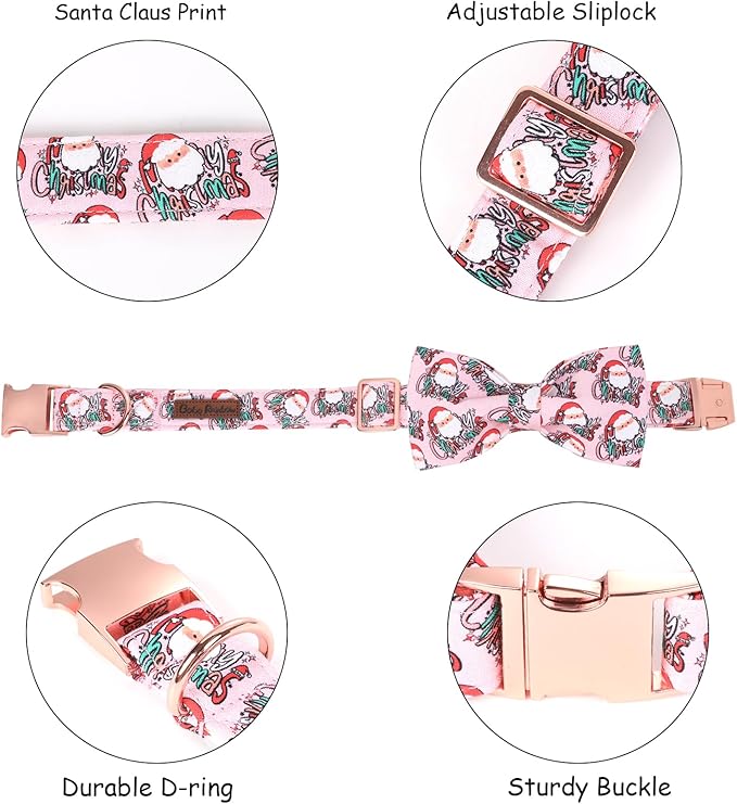 Christmas Dog Collar, Pink Christmas Santa Claus Dog Collar Bow Tie Pet Collars with Bow Adjustable Pet Collars with Premium Metal Buckle Dogs Necklace for Small Girl Dogs