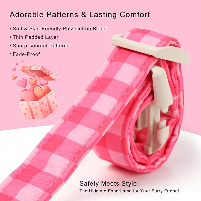 Girl Dog Collar for Giant Large Dogs - Cute Pink Plaid Puppy Collar, Soft Adjustable Spring Summer Female Dog Collars with Quick Release Buckle XL