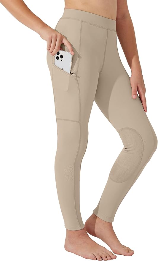 Willit Girls Horse Riding Pants Tights Kids Equestrian Breeches Knee-Patch Youth Schooling Tights Zipper Pockets