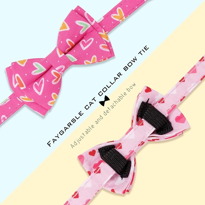 Faygarsle 2 Pack Breakaway Cat Collar with Bow and Bell, Heart Pattern, Pink, Adjustable Safety Buckle, Valentine's Day Theme